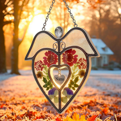 KY&BOSAM Angel Heart Suncatcher Nana Gifts Stained Glass Window Hangings Wind Chiem Ornament with Pressed Real Flowers Engraved and Metal Heart Charm Birthday Gifts for Women Mother’s Day Christmas
