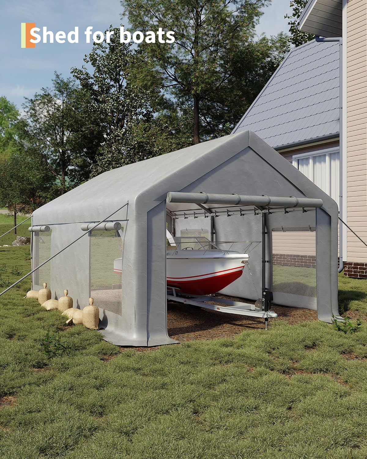 GarveeLife 10x20 ft Carport, Car Port with 200 g PE Tarp, Roll-Up Doors, and 4 Windows, for Sedans, Bass Boats, Motos, ATVs, and SUVs, White