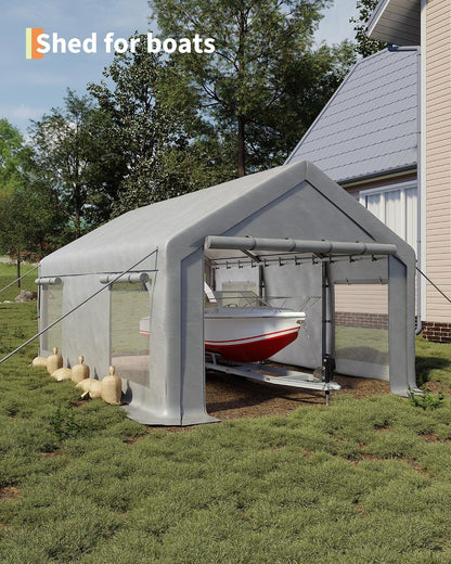 GarveeLife 10x20 ft Carport, Car Port with 200 g PE Tarp, Roll-Up Doors, and 4 Windows, for Sedans, Bass Boats, Motos, ATVs, and SUVs, White