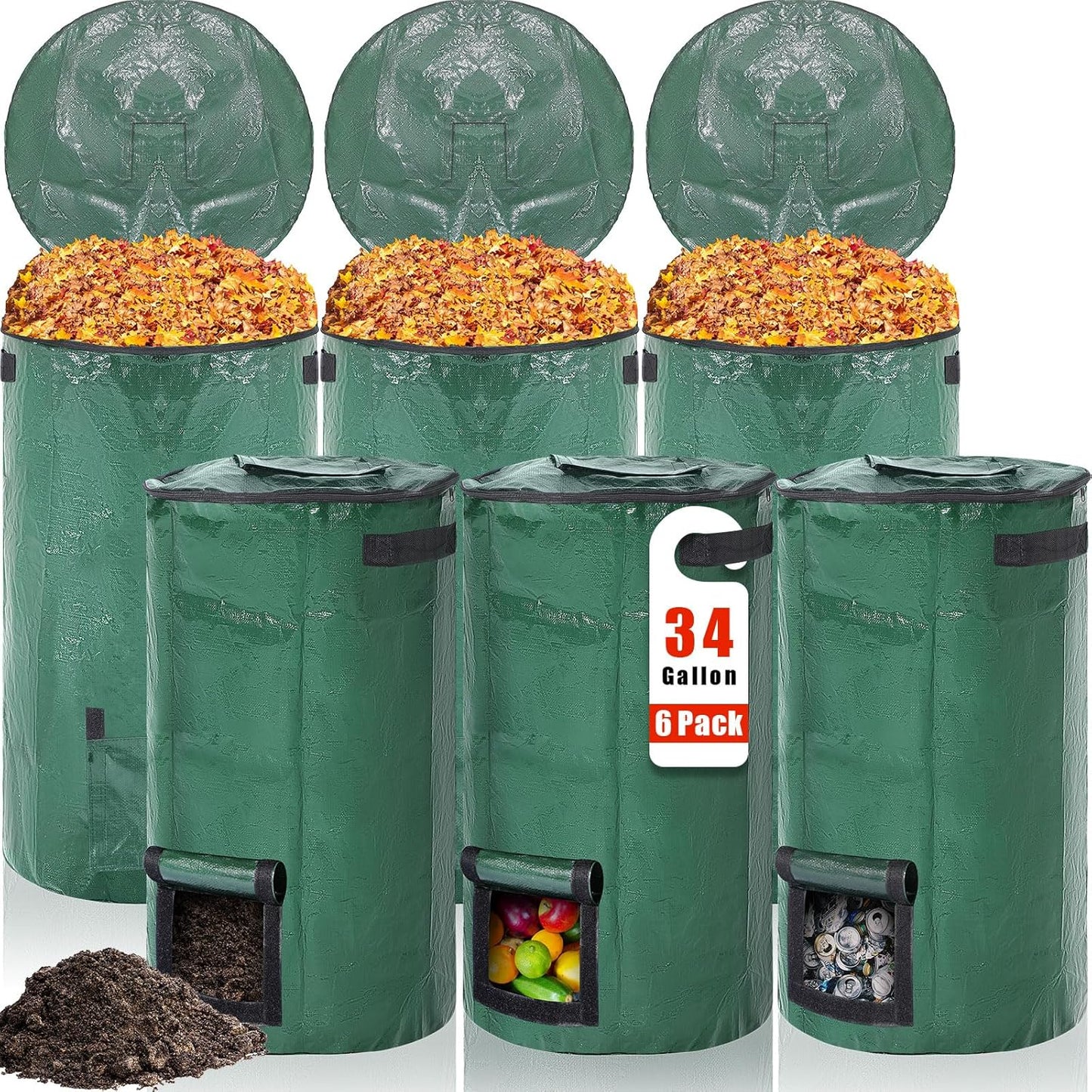 Berlune 6 Pcs Reusable Yard Waste Bags with Lid and Handles Extra Large Lawn Bags for Collecting Fall Leaves Heavy Duty Garden Trash Container for Camping Outdoor Debris Branches Grass(34 Gallon)