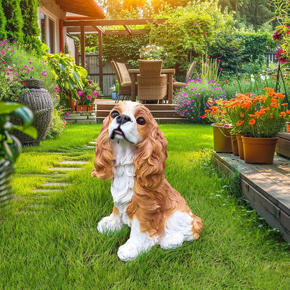 Cavalier King Charles Spaniel Outdoor Dog Statue with Reversible “Welcome/ON Patrol” Hanging Plaque and Solar Porch Lantern, Brown & White Sitting