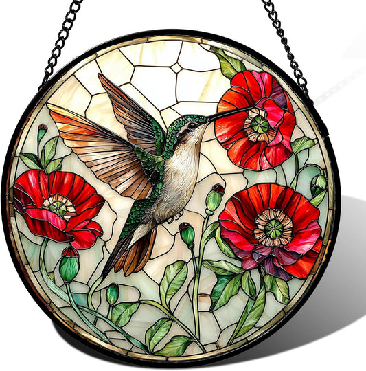 Stained Glass Window Hanging - Green Hummingbird Red Flower Suncatcher for Door Terrace Garden Home