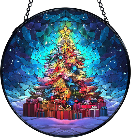 TNUW Christmas Tree Stained Glass Window Hanging, Rustic Winter Holiday Xmas Tree Sun Catchers Indoor Window Glass Round Wall Art Decor, Christmas Wall Hanging Decorations, 7.9＂x7.9＂