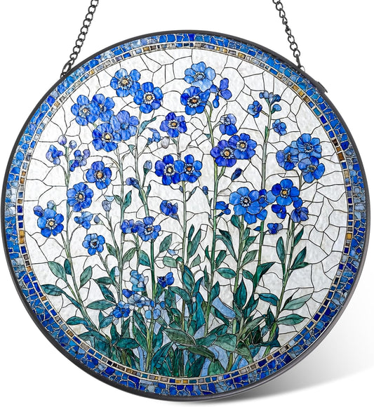 Forget-Me-Not Flower Stained Glass Suncatcher, 7.8 Inch Handmade Blue Floral Window Hanging Decor