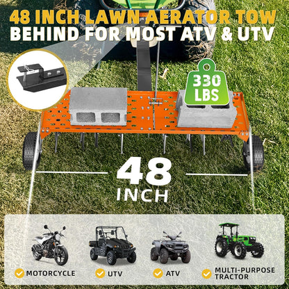 48" Lawn Aerator Tow Behind, Pull Behind Aerator with Universal Hitch, 32 Galvanized Steel Tines, Tray and Pneumatic Tires, Plug Behind Aerator is Suitable for Gardens, Lawns and Farms
