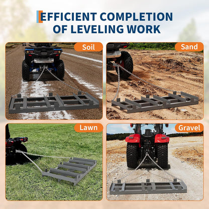 4FT Drag Harrow for ATV, Tractor & UTV, Heavy Duty Tow Behind Driveway Grader with 6FT Chain Link - Landscape Rake for Gravel, Sand, Soil & Hay - Lawn Leveling Tool for Field Yard & Pasture