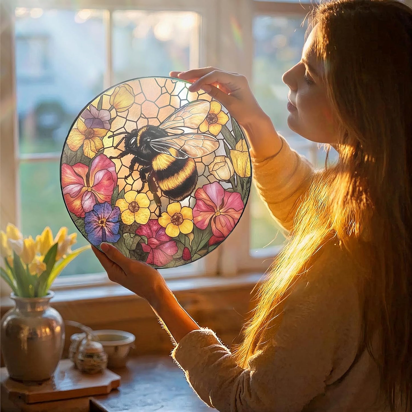 Bee Stained Glass Suncatcher - Handcrafted 7.87 inch suncatcher with Vibrant Wildflower Stained Glass Window Hanging for Home Garden Decoration, Makes a Unique Gift for bee Lovers, Friends and Family