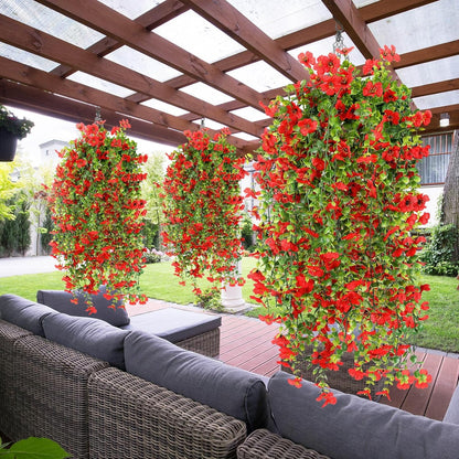 6 Pcs Artificial Fall Hanging Flowers Outdoor Silk Mum Plants Autumn Decor Faux Violet with Eucalyptus Realistic UV Resistant Trailing Vine Thanksgiving Porch Yard(Red,Violet)