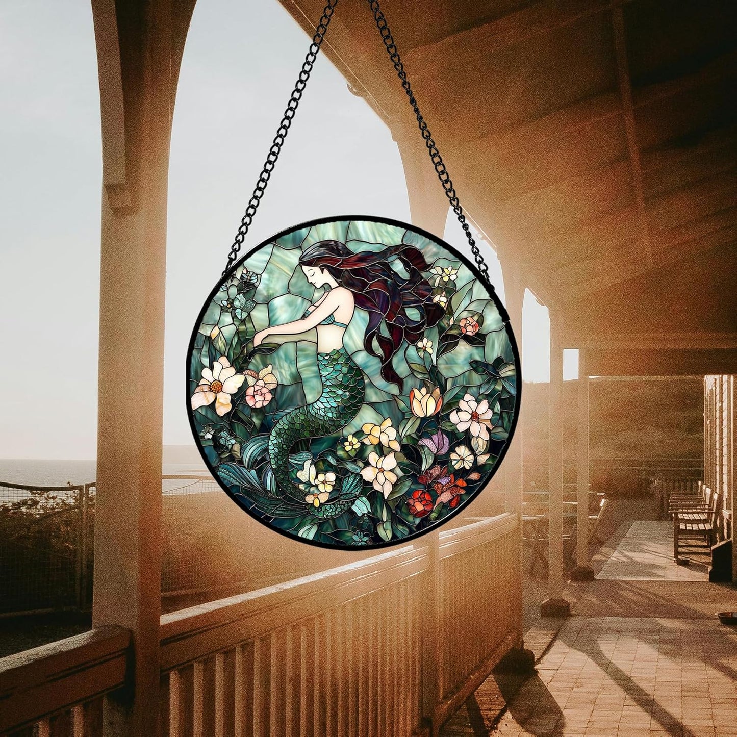 Stained Glass Window Hanging - Teal Sleeping Mermaid Suncatcher for Door Terrace Garden Home Decor, Sea of Flowers Sun Catcher Birthday Gifts for Lovers Women Men Dad Mom Nana 11.8 in