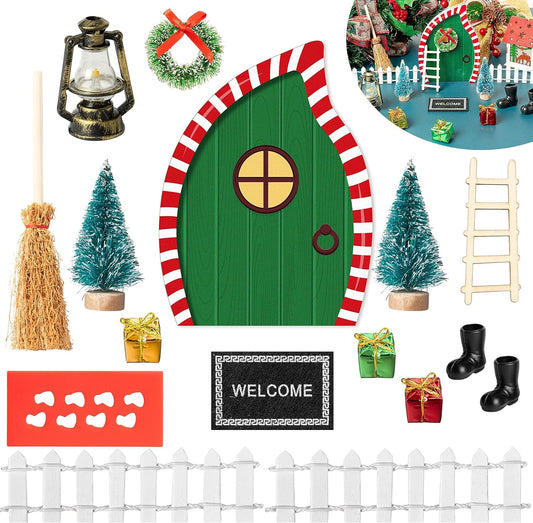 Haooryx Christmas Elf Garden Miniatures - 16Pcs Christmas Elf Magic Fairy Doors Decoration Kit Wooden Miniature Fairy Doors Wall Fairies Christmas Winter Xmas New Year Decor(Bevel Angle Doorframe)