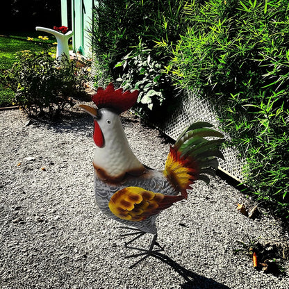 Metal Rooster Statue, Garden Outdoor Decor, Red and Gold Feathers, Weather Resistant, Metal Chicken Yard Art Sculpture, Iron Garden Animal Statue