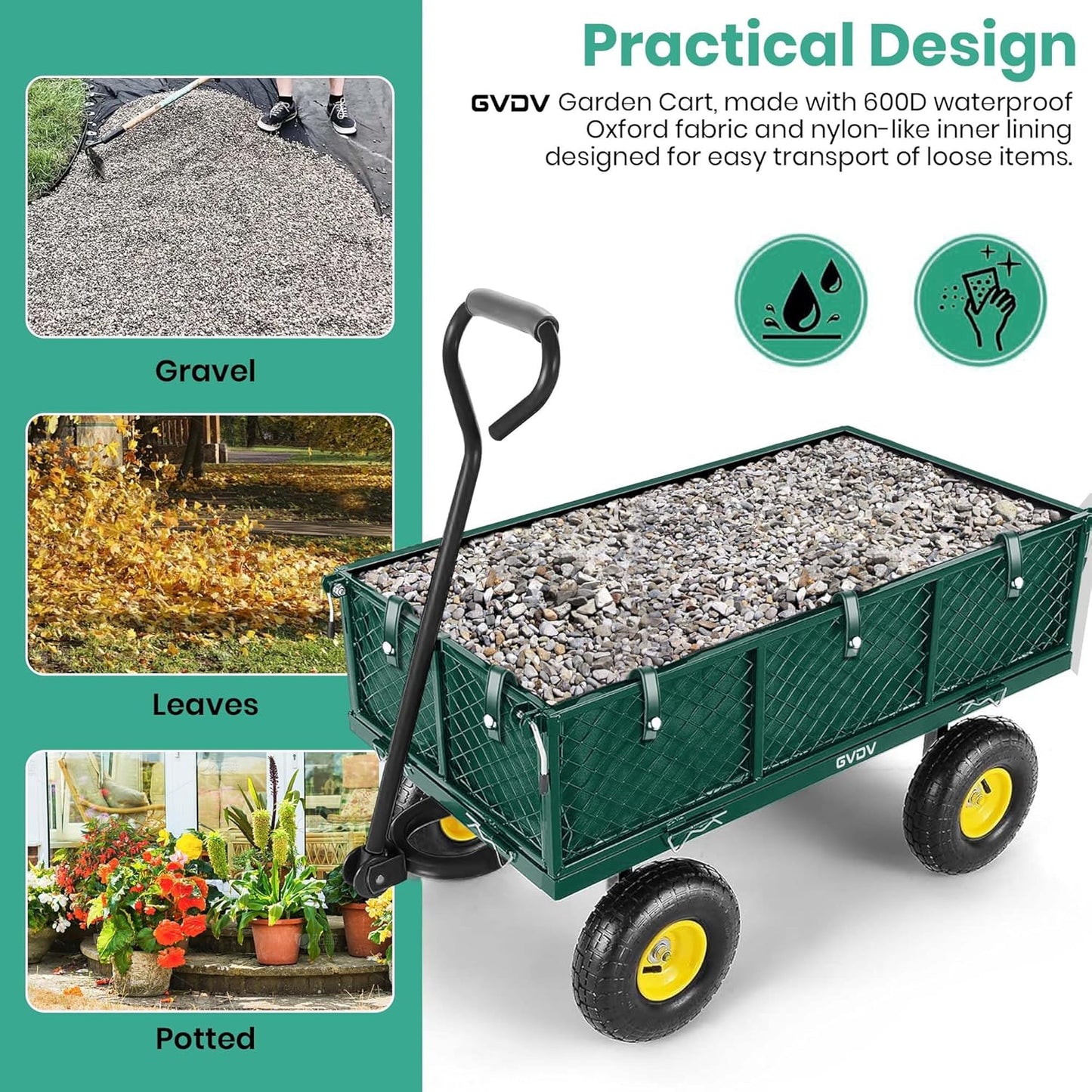 GVDV 660LB Garden Cart with Liner, Heavy Duty Steel Garden Wagon, Folding Utility Wagon with Removable Sides and 10" All-Terrain Wheels