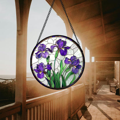 Stained Glass Window Hanging - Purple Iris Flower Sun Catcher for Door Terrace Garden Home Decor, Green Plants Suncatcher Birthday Gifts for Lovers Women Men Dad Mom Nana 15 in