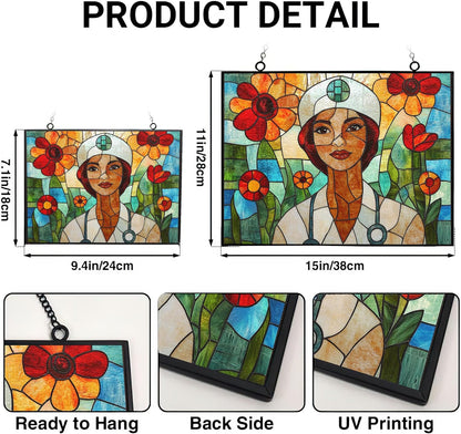 Rectangle Boho Nurse Stained Glass Suncatcher Window Hangings, Suncatchers Colorful Glass Panel Sun Catchers Gifts, Decoration for Home Garden Christmas Party Wedding