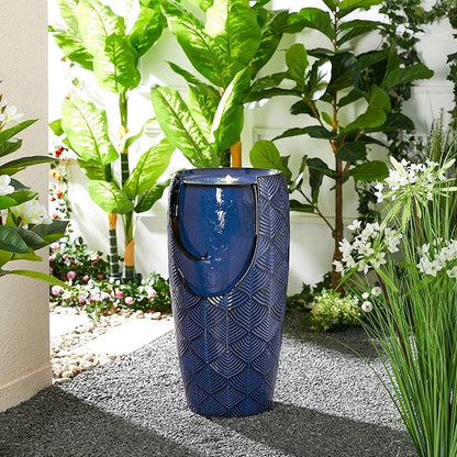 Glitzhome 29.25" H Oversized Ceramic Vase Outdoor Water Fountain, Tall Scale-Like Textured Glaze Patio Garden Water Fountain with LED Light and Submersible Pump Yard Art Decor, Cobalt Blue