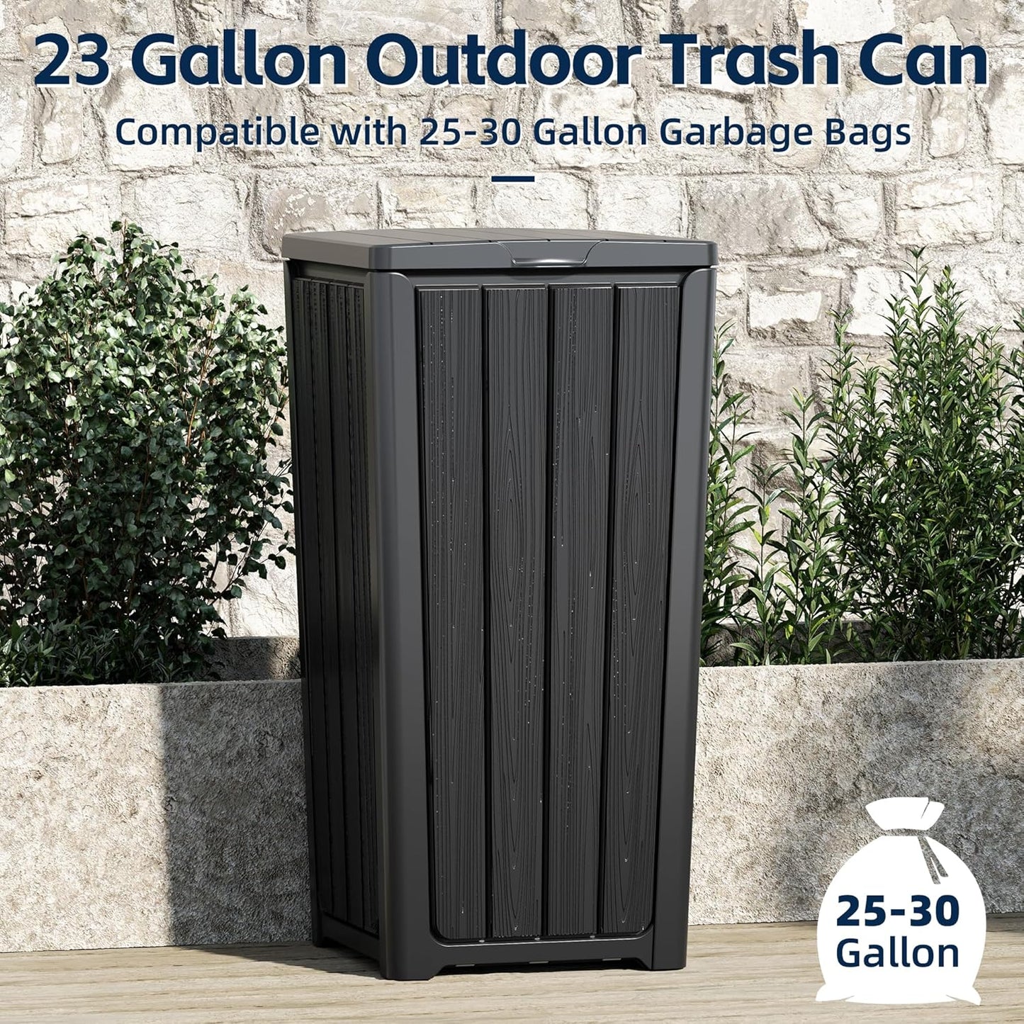 23 Gallon Outdoor Trash Can Waterproof Resin Garbage Can with Lid Outside Trash Bin for Porch Backyard, Deck, Patio, Kitchen Trash Can