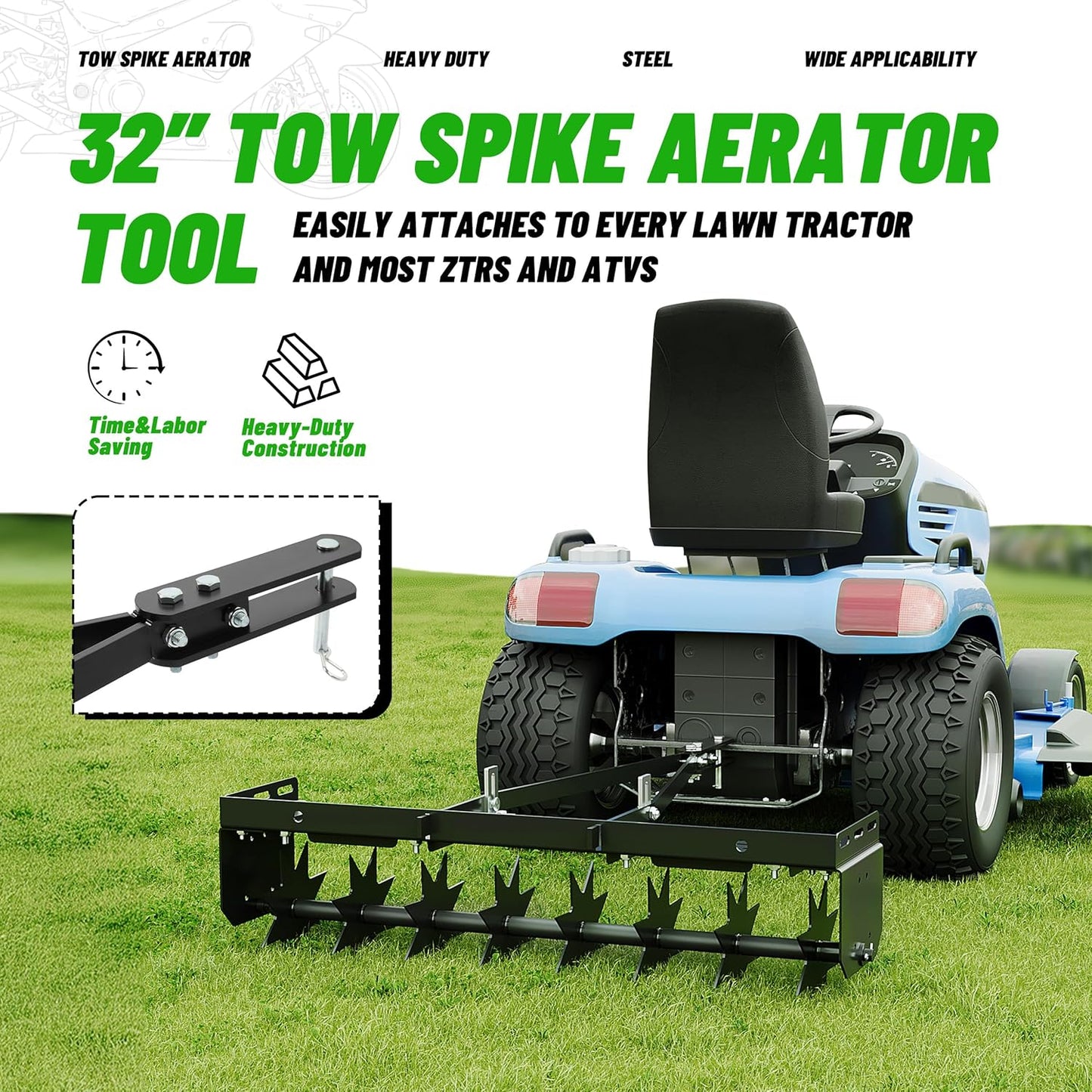32 in Tow Behind Spike Aerator W/ 8 Spikes, Hitch Pin Attach to Lawn Tractor, Most ZTRs, ATVs Soil Mower Hitch, Lawn Soil Penetrator for Gardens, Lawns, Farms