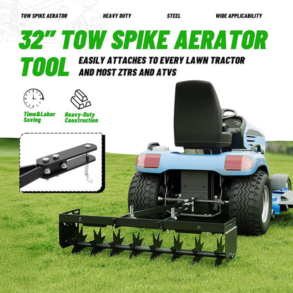 32 in Tow Behind Spike Aerator W/ 8 Spikes, Hitch Pin Attach to Lawn Tractor, Most ZTRs, ATVs Soil Mower Hitch, Lawn Soil Penetrator for Gardens, Lawns, Farms