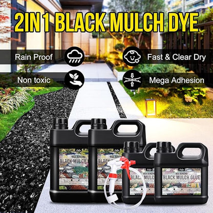 Mulch Glue - 1 Gallon / 128oz Black Color Mulch Dye & Landscape Adhesive with Applicator for Landscaping, Garden, Gravel, Rock - Safe Ready to Use Gravel Binder Mulch Lock Glue for Leaf, Stone, Bark
