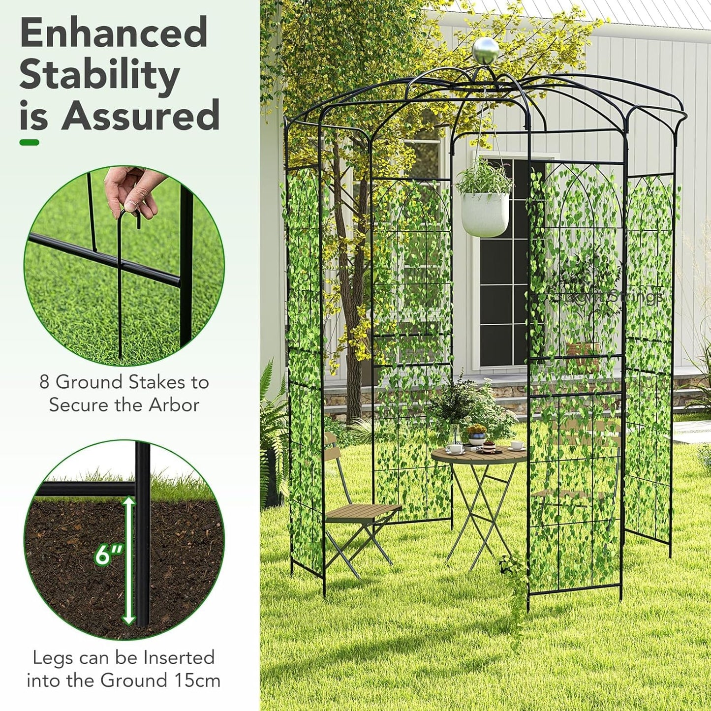 Happygrill Birdcage Shape Garden Arbor, 9.4 x 6.8FT Heavy Duty Gazebo with Hanging Hook for Climbing Plants, Outdoor Arch Pergola Pavilion for Wedding Party Ceremony Decoration