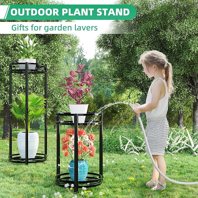 Simple Trending Round Plant Stand Indoor Outdoor, Waterproof Metal Tall 31” Plant Shelf Holder, Heavy Duty Flower Pot Display Rack, 2 Pack, Black