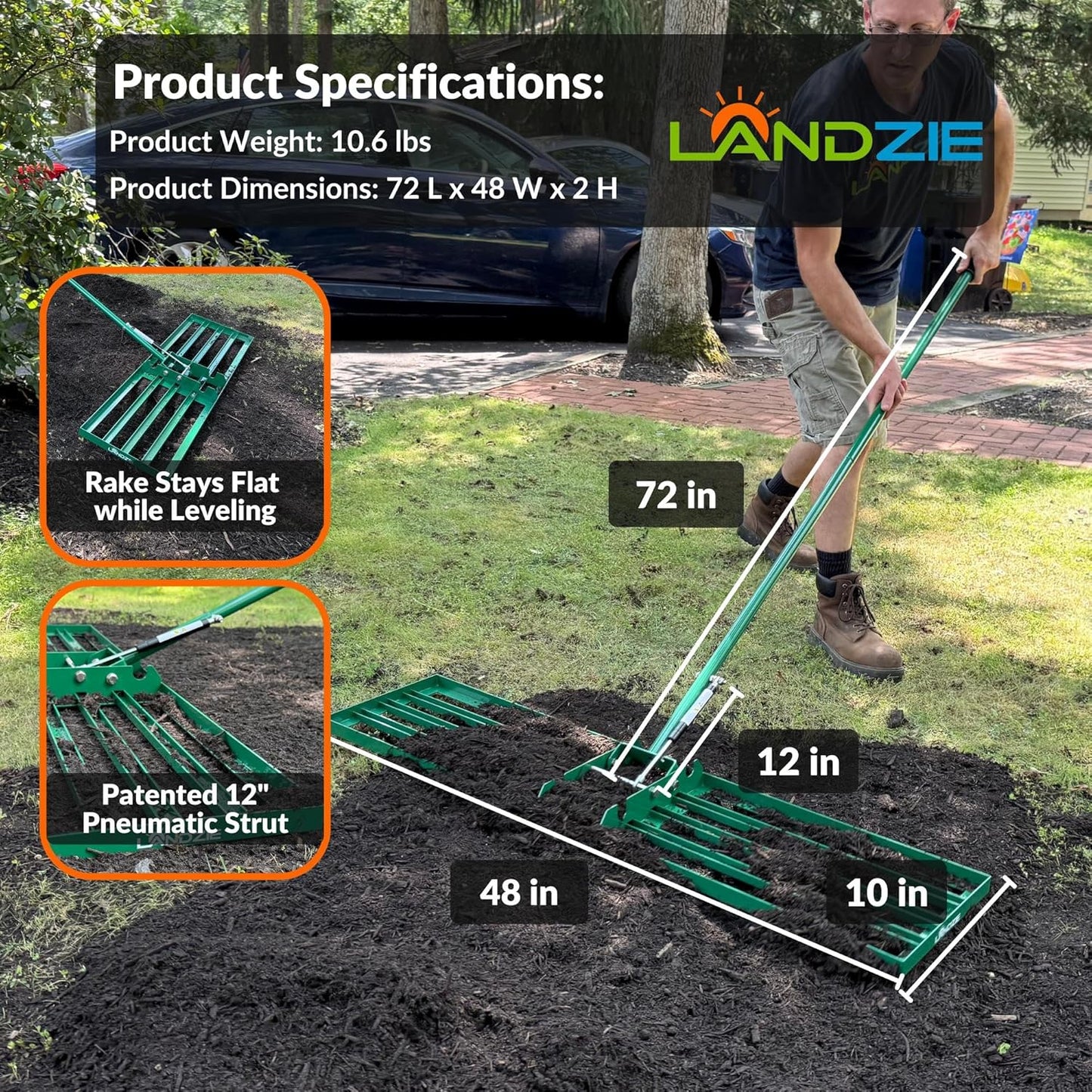 Landzie AeroLeveler - The Lawn Leveling Rake That Never Flips - Patented 48" inch Wide Pneumatic Lawn Level for Yard, Dirt, Soil, Sand, Provides Stability and Control (Pneumatic 48" Leveling rake)