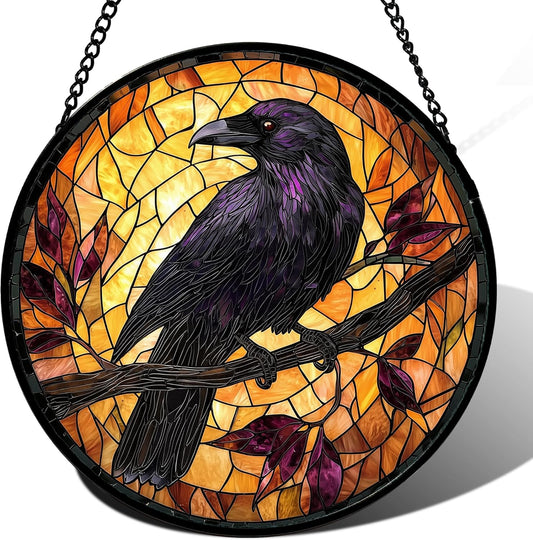 Stained Glass Window Hanging - Crow on a Branch Suncatcher Ready to Hang Window Doors Home