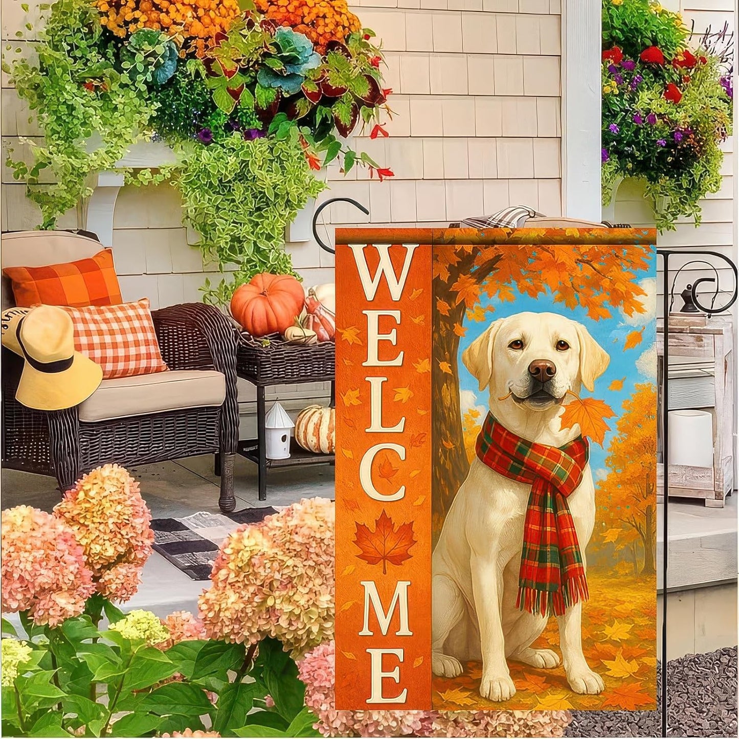 Thanksgiving Fall Garden Flag 12x18 Inch Welcome Labrador Retriever Dog Outdoor Flag Double Sided Autumn Yard Banner with Plaid Scarf and Leaves Decor for Porch L