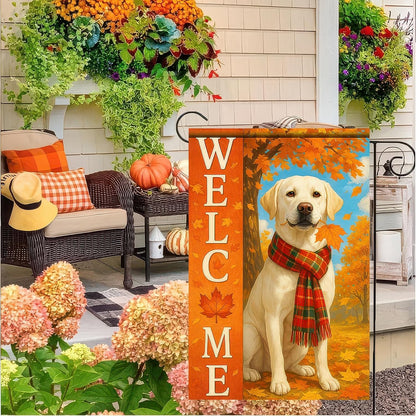 Thanksgiving Fall Garden Flag 12x18 Inch Welcome Labrador Retriever Dog Outdoor Flag Double Sided Autumn Yard Banner with Plaid Scarf and Leaves Decor for Porch L
