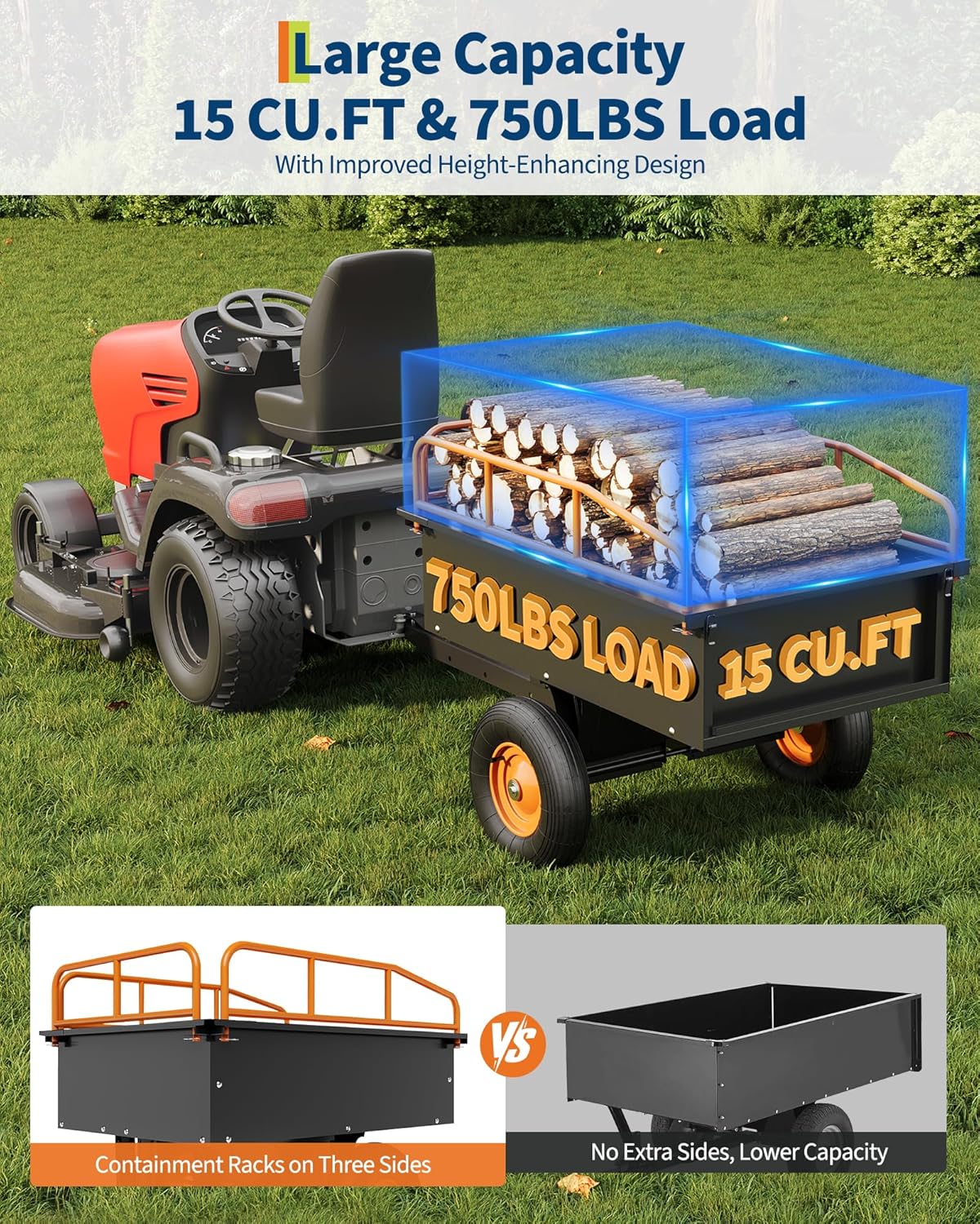 GarveeLife Heavy Duty ATV Trailer Steel Dump Cart, 750 LBS 15 Cubic Feet, Garden Utility with Removable Sides for Riding Lawn Mower Tractor