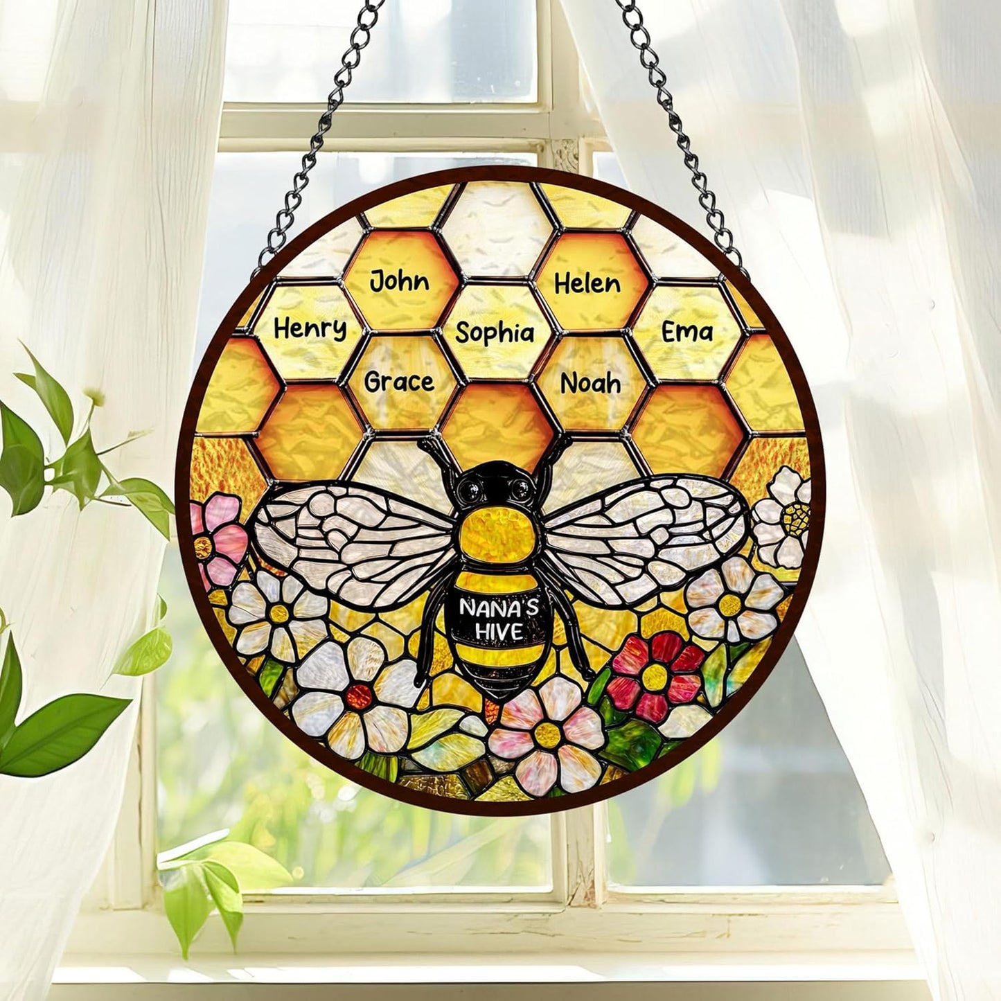 LOVELYPOD Custom Grandma’s Bee Stained Glass Sun Catcher, Personalized Window Hanging Sun Catcher with Kids Name, Nana’s Blessings, Gifts for Mom Grandma, Personalized for Grandma