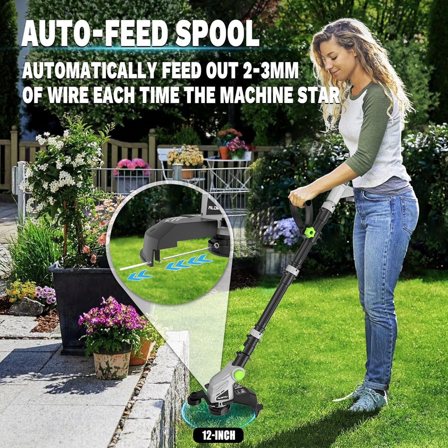 Weed Wacker Cordless 20V 12'' Electric Weed Eater with Auto Line Feed, 2.0Ah Battery and Fast Charger, 6 x Replacement Line, Battery Powered String Trimmer for Lawn Care, GrassTrimmer (AD-ST-001.1)