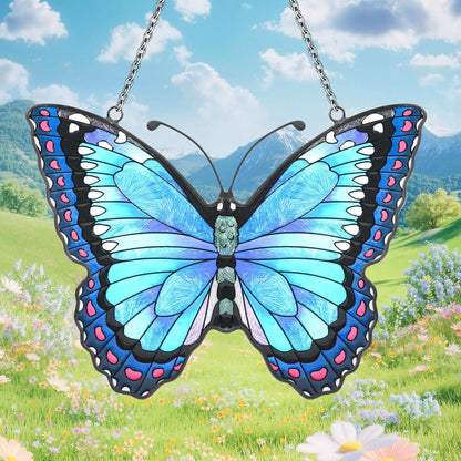 Blue Butterfly Suncatcher Stained Glass Window Hanging Butterfly Ornaments Gift for Mom, Women, Wife, Mother's Day (Blue)