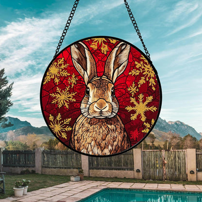 Stained Glass Window Hanging 4 Pcs Set Red Golden Snowflakes 6.3" - Christmas Elk Rabbit Suncatcher Door Garden Sun Catcher Decor Birthday for Mom Woman Nana Men