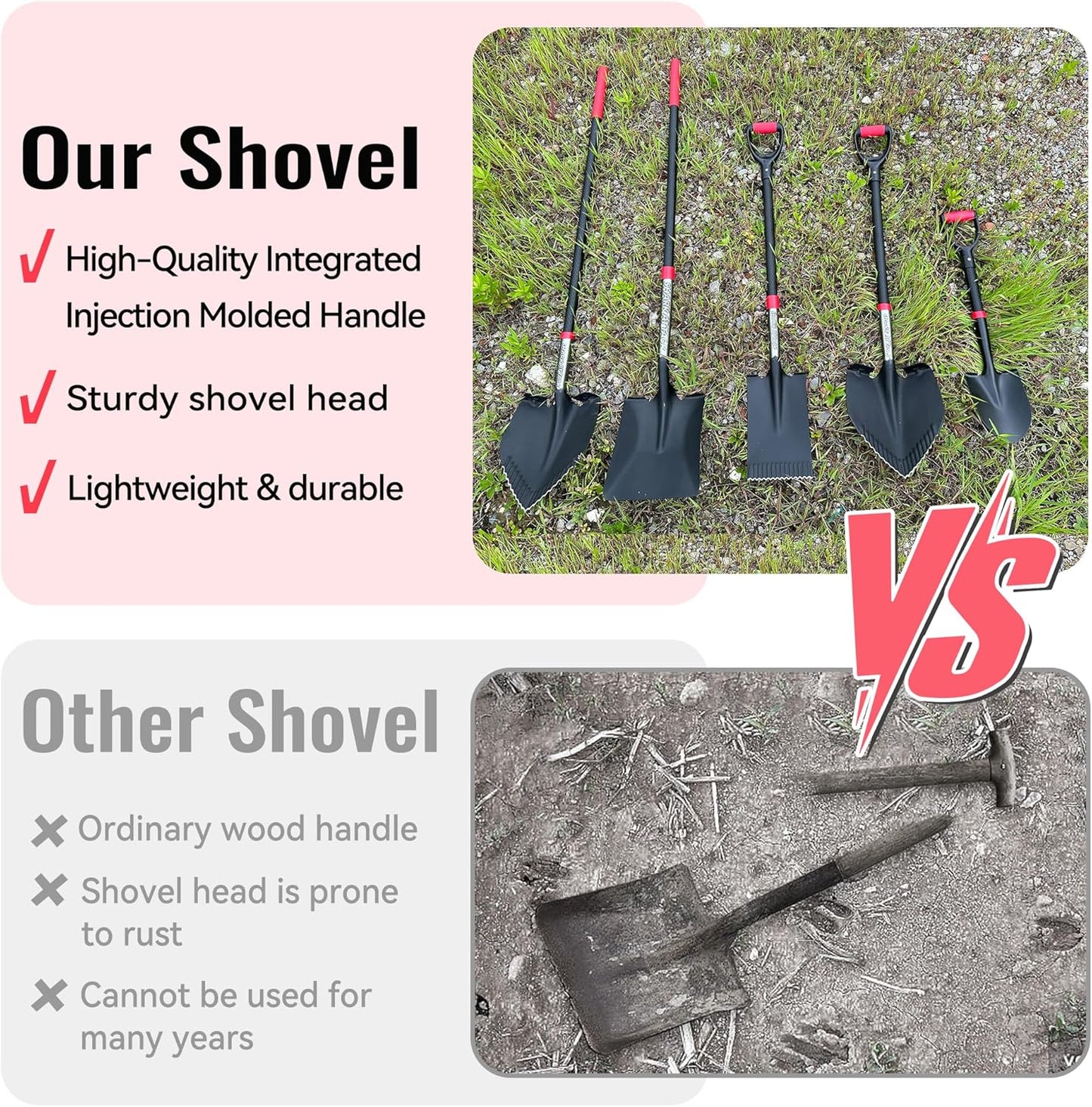SHARK ATTACK 5-Piece Steel Shovel Set with D-Grip Handles - Multi-Size Garden Shovels with Powder Coating for Digging, Planting & Car Emergency