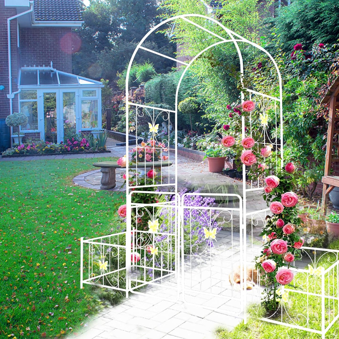 Metal Garden Arbor Arch with Gate and Plant Box, 86.6" H Heavy Duty Garden Trellis with Butterfly Decor for Outdoor Climbing Plants Support, Cream White