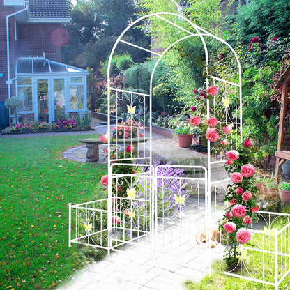 Metal Garden Arbor Arch with Gate and Plant Box, 86.6" H Heavy Duty Garden Trellis with Butterfly Decor for Outdoor Climbing Plants Support, Cream White