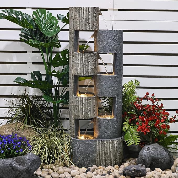 51" Outdoor Water Fountain Waterfall Fountain Outdoor Garden Water Feature Durable Resin Fiberglass with LED Lights, Pump, Natural Stones for Garden, Living Room, Patio