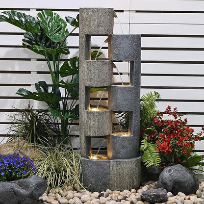 51" Outdoor Water Fountain Waterfall Fountain Outdoor Garden Water Feature Durable Resin Fiberglass with LED Lights, Pump, Natural Stones for Garden, Living Room, Patio