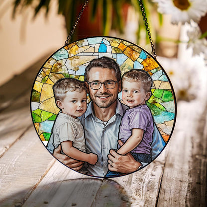 LOVELYPOD Personalized Dad Stained Glass Sun Catcher, Photo Family Portrait Faux Window Hanging Ornament, Custom Photo Gift for Dad from Son Daughter, Grandpa Gifts
