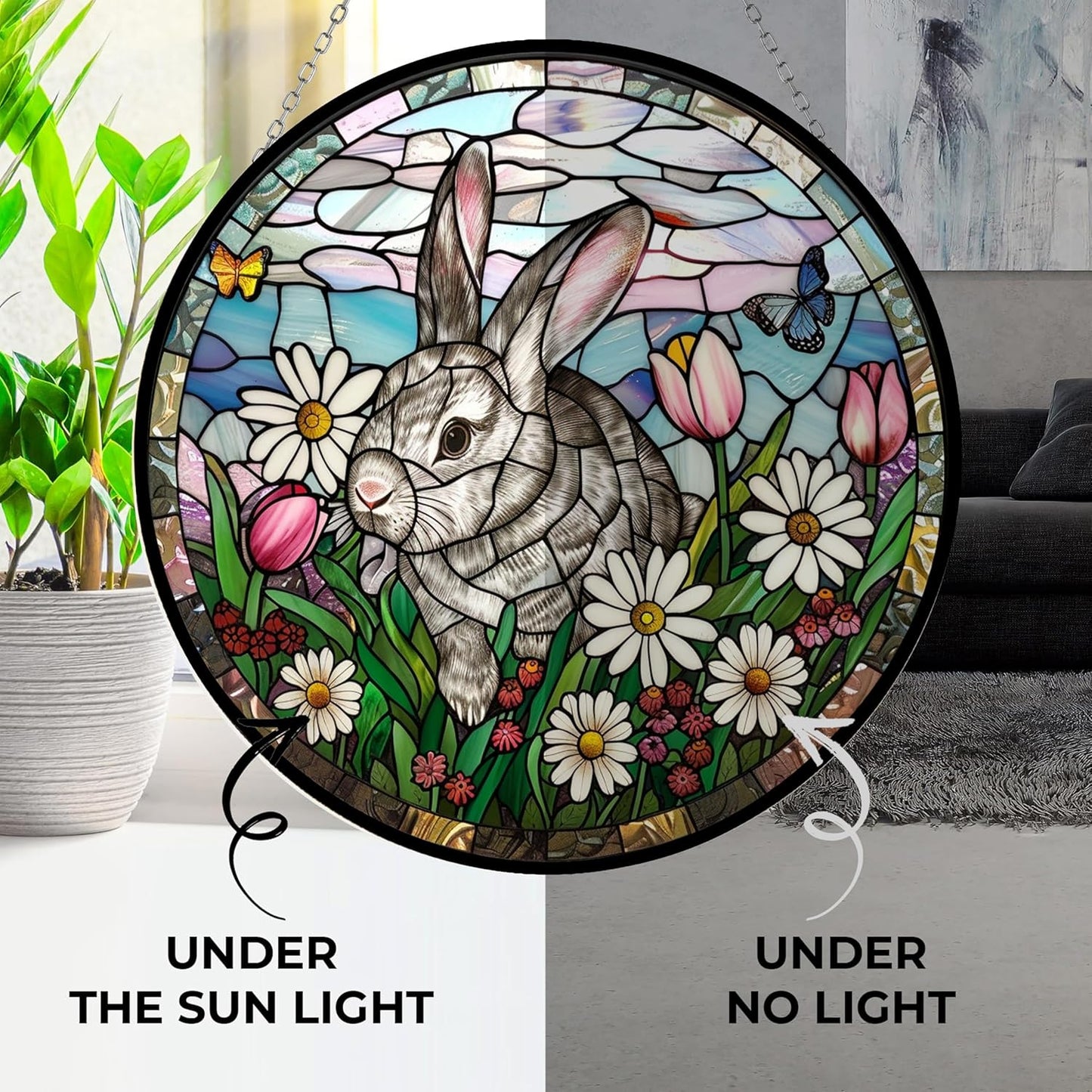Bunny Stained Glass Suncatcher Four Season Theme Colorful Leaves Window Wall Hanging Ornament Hand-Painted Glass Panel Decor Gift for Women Christmas Thanksgiving Gift 6.3"