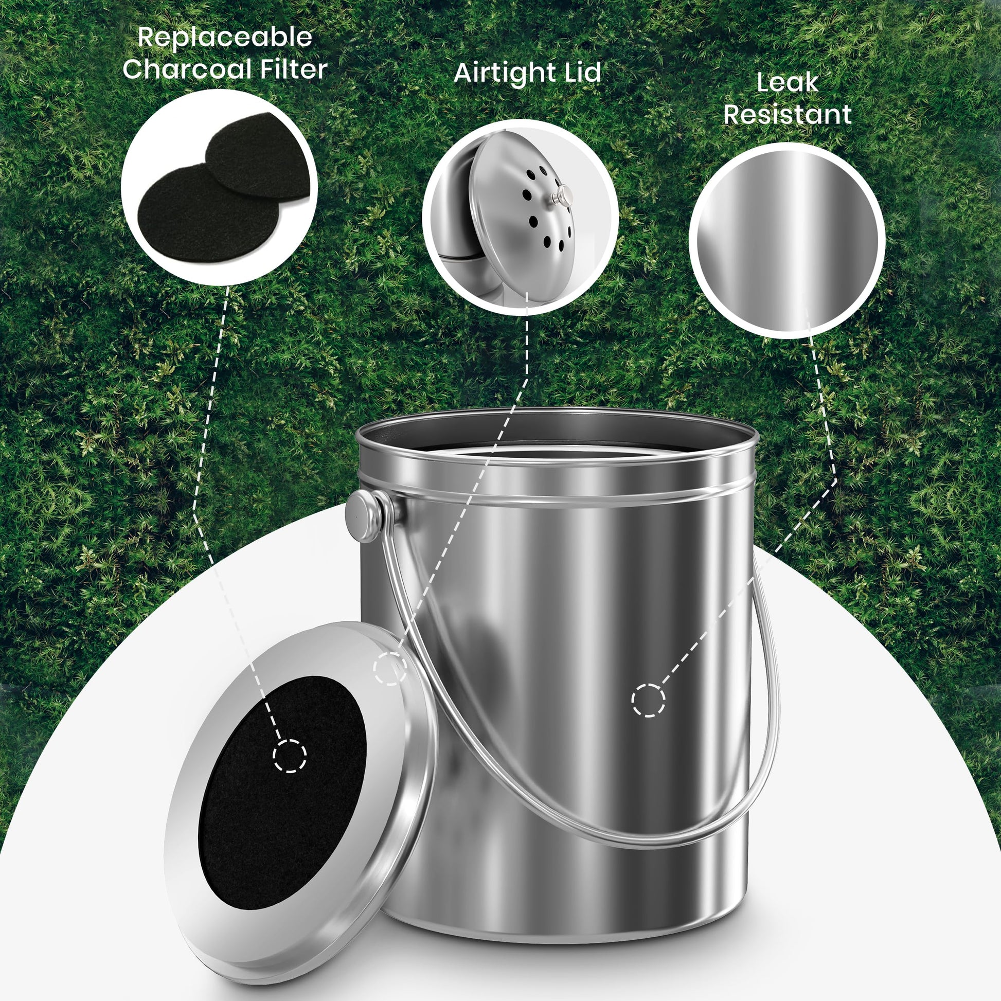 Utopia Kitchen Countertop Compost Bin 1.3 Gallon, Stainless Steel, Silver