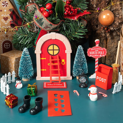 Haooryx Christmas Miniature Fairy Door - 22Pcs Christmas Winter Magic Wooden Miniature Fairy Doors Accessories Elf Magic Door Wall Fairies Magical Door Decoration Xmas Party Outdoor Decor (Wood Edge)