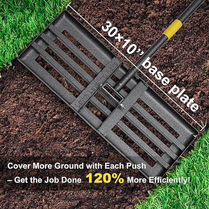 Large Lawn Leveling Rake - Heavy Duty 30"x10" Stainless Steel Leveler Plate,Reinforced Welds,28-72" Adjustable, Anti Flipping Smooth Edge,for Soil, Dirt,Ground,Golf,Yard Top Dressing,Landscaping