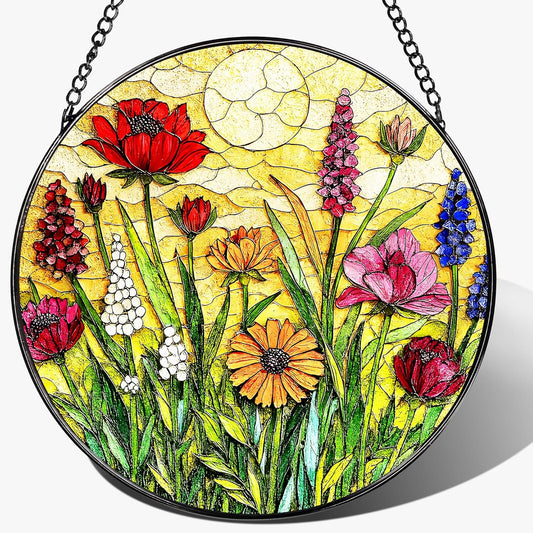 Stained Glass Window Hanging, 8 Inch Wildflower Stained Glass Suncatcher, Colorful Floral Window