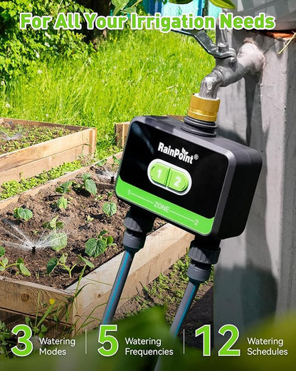 RainPoint WiFi Water Timer for Garden Hose with Brass Inlet, 2-Zone Smart Hose Timer, Sprinkler Timer WiFi Irrigation Controller, Automatic Watering System for Lawns and Yard