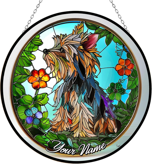 Customized Yorkie Stained Glass Suncather Window Hangings, Suncatchers Glass Panel Sun Catchers