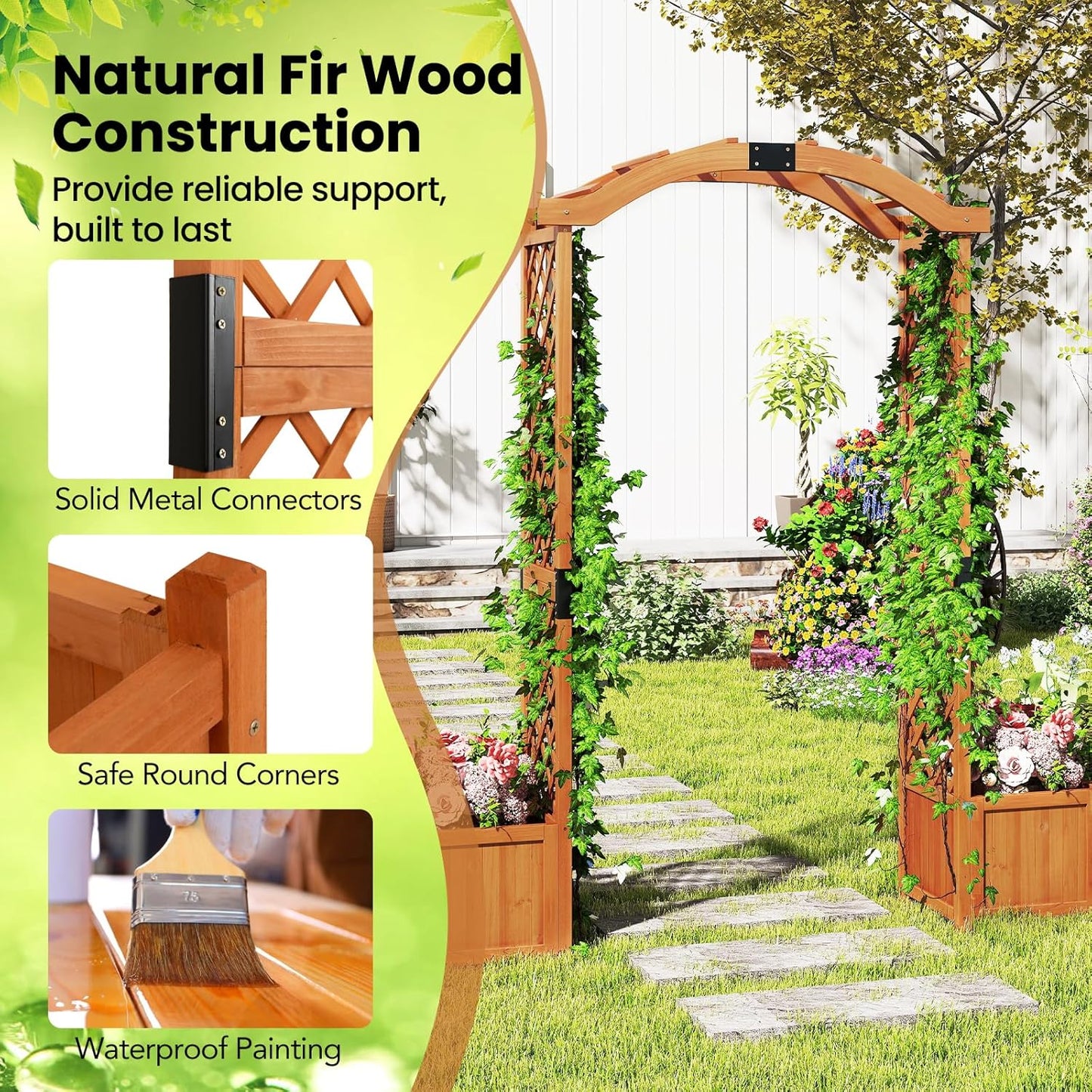 Happygrill Garden Arbor with Planter Boxes, Outdoor Wedding Arch with Trellis for Climbing Plants Vine Vegetables Herbs, Wooden Arbor Archway for Ceremony, Party (Orange)