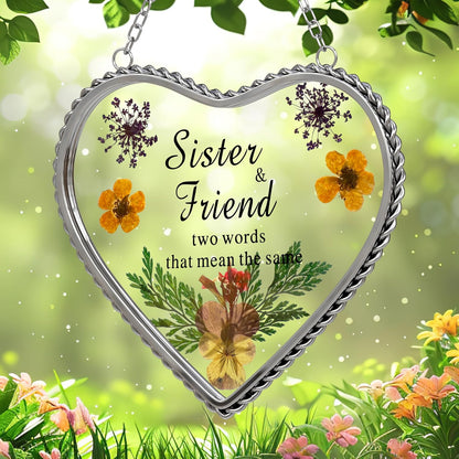 KY&BOSAM Stained Glass Sister Heart Suncatcher Window Hanging Decor with Pressed Real Flower for Sister Birthday Mother's Day