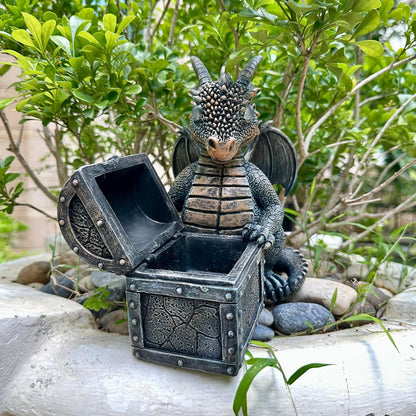Garden Dragon Statue Solar Powered Outdoor Figurine Light Decor Cute and Hold Glowing Treasure Chest Resin Sculpture Home Decoration for Porch Patio Lawn Farm Yard Housewarming Ornament Gift